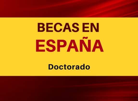 Cartel con los colores de la bandera de España y el texto «Becas en España. Doctorado».