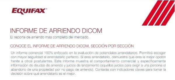 Página de Equifax que explica, sección por sección, qué contiene el informe de arriendo Dicom.