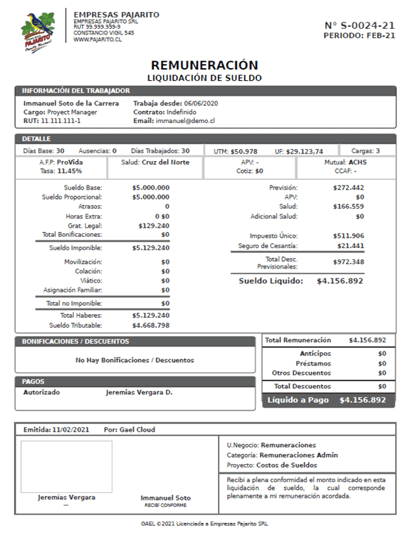 Ejemplar de una liquidación de sueldo con los datos del trabajador, los haberes, los descuentos y el sueldo líquido a pagar.