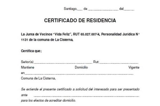 Modelo de certificado de residencia emitido por una junta de vecinos, con el nombre, el RUT y el domicilio sin rellenar.