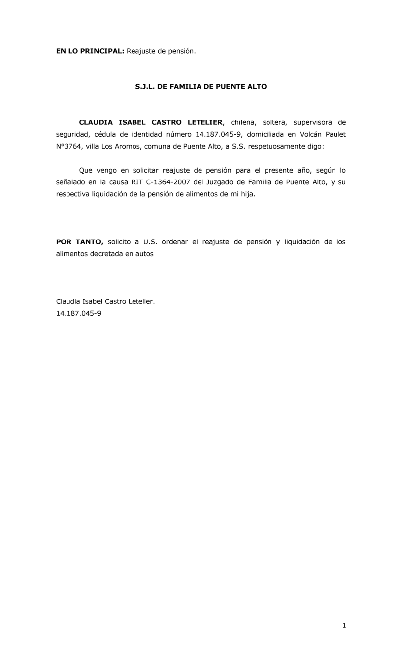Modelo de escrito judicial para solicitar el reajuste de una pensión de alimentos.