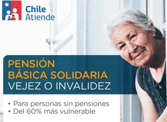 Cartel de ChileAtiende «Pensión Básica Solidaria de vejez o invalidez», dirigido a personas sin pensión del 60 % más vulnerable.