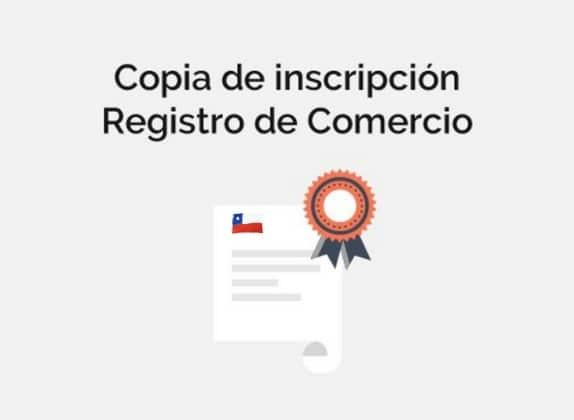 Rótulo «Copia de inscripción Registro de Comercio» junto al dibujo de un documento sellado con la bandera de Chile.