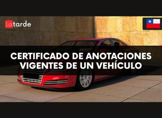 Rótulo «Certificado de anotaciones vigentes de un vehículo» sobre la fotografía de un automóvil deportivo rojo, junto a la bandera de Chile.