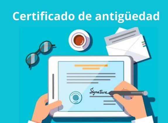 Ilustración con el rótulo «Certificado de antigüedad» y unas manos firmando un documento en una pantalla.