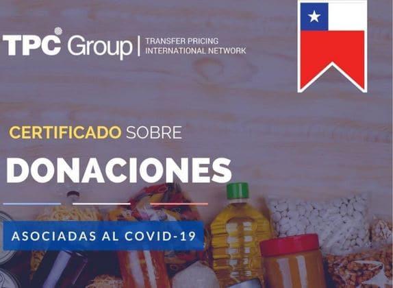 Cartel «Certificado sobre donaciones asociadas al COVID-19» de TPC Group, con la bandera de Chile y una caja de alimentos.