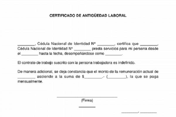 Modelo en blanco de un certificado de antigüedad laboral, con los huecos para las cédulas de identidad del empleador y del trabajador, la fecha de inicio, el cargo, el tipo de contrato y la remuneración.