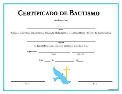 Modelo en blanco de un certificado de bautismo según el rito de la Iglesia católica, con una paloma dibujada al pie.