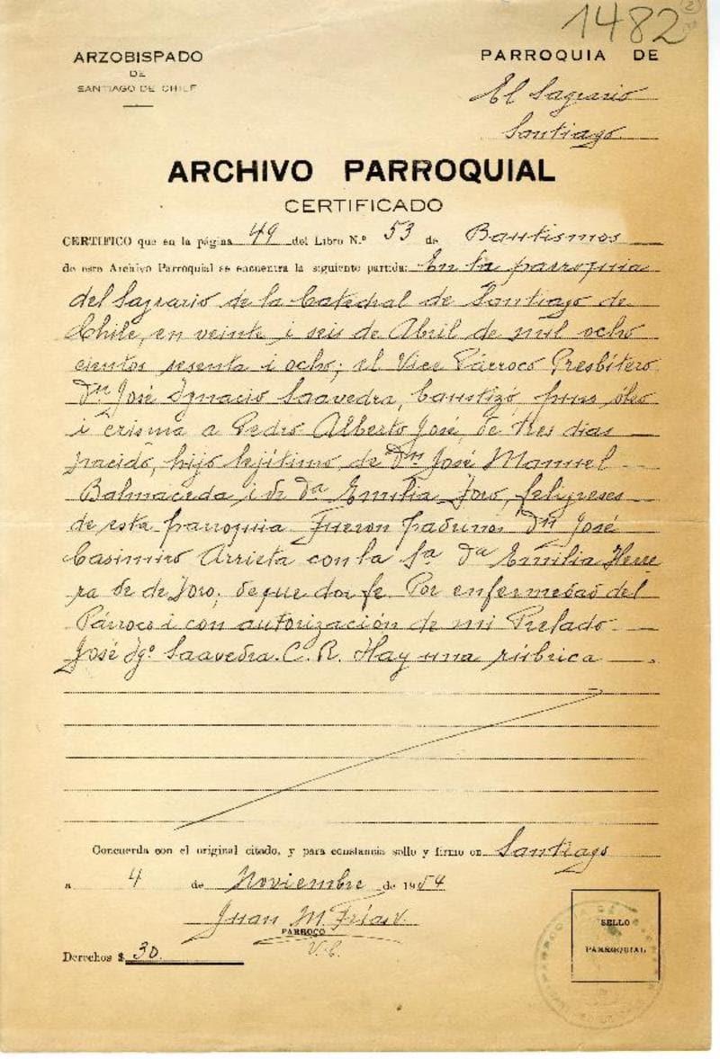 Página manuscrita de un archivo parroquial con una partida de bautismo antigua.
