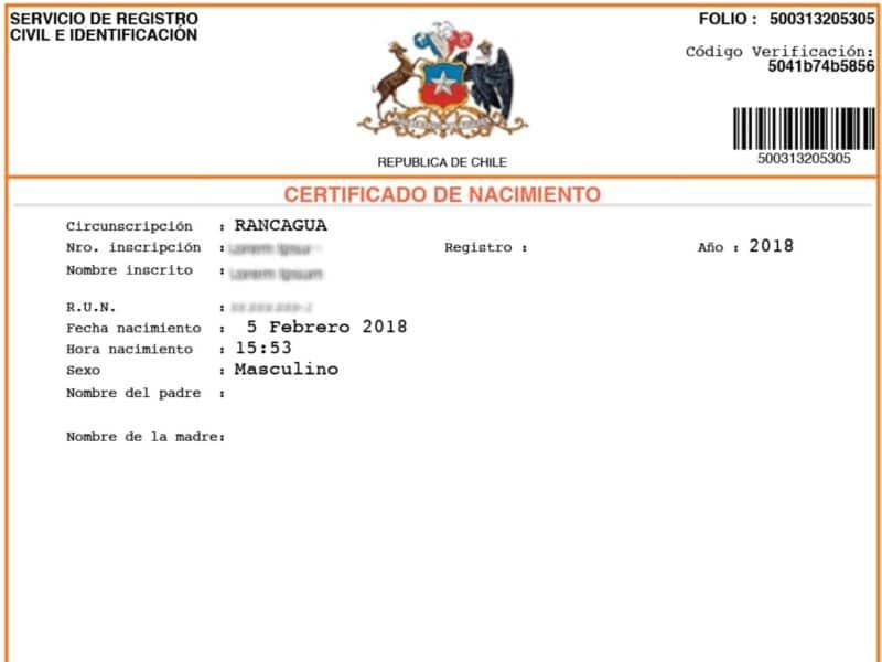 Certificado de nacimiento del Servicio de Registro Civil e Identificación de Chile, con la circunscripción, el número de inscripción, el RUN y la fecha de nacimiento.