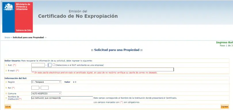 Captura del formulario en línea del Serviu para solicitar el certificado de no expropiación de una propiedad.