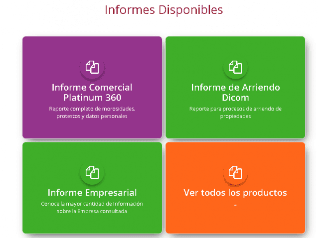 Menú de informes disponibles en Dicom: informe comercial Platinum 360, informe de arriendo Dicom, informe empresarial y el resto de productos.