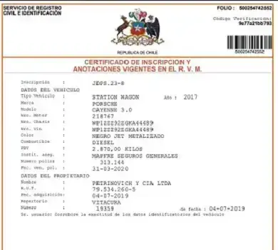 Ejemplar del certificado de inscripción y anotaciones vigentes en el Registro de Vehículos Motorizados, con los datos del vehículo y del propietario.