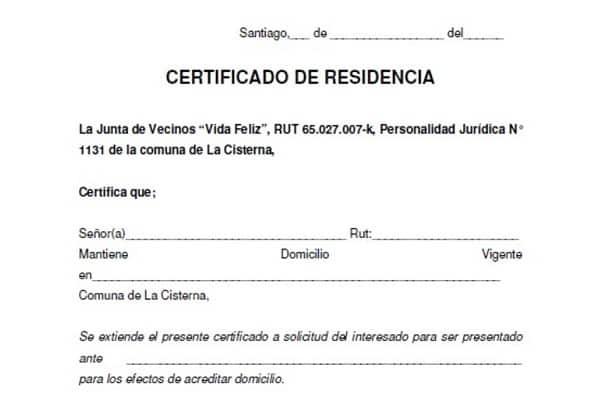 Modelo de certificado de residencia emitido por una junta de vecinos, con el nombre, el RUT y el domicilio sin rellenar.