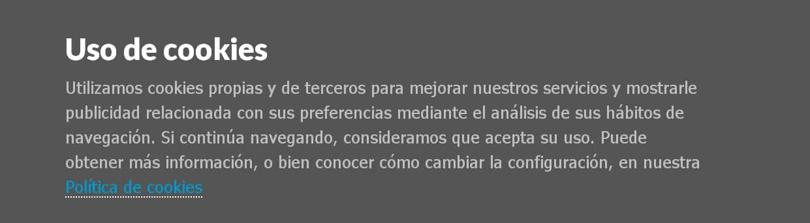 Aviso de uso de cookies de un sitio web, con el texto que informa sobre las cookies propias y de terceros y el enlace a la política de cookies.