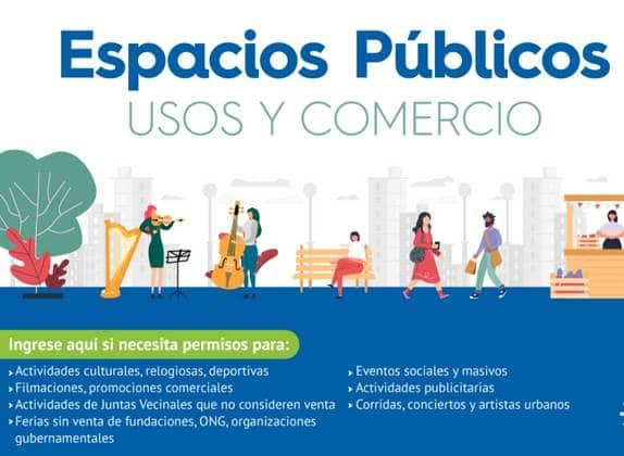 Cartel «Espacios públicos: usos y comercio», con la lista de actividades que necesitan permiso: actividades culturales, religiosas y deportivas; filmaciones y promociones comerciales; actividades de juntas vecinales que no consideren venta; ferias sin venta de fundaciones, ONG y organizaciones gubernamentales; eventos sociales y masivos; actividades publicitarias; y corridas, conciertos y artistas urbanos.
